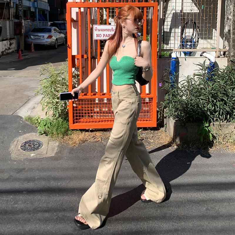 レディース デニムパンツ 春 レトロ カーキ色 ワイドレッグ ハイウエスト ストレート ロング 工装 カジュアル 普段使い コットン素材 伸縮性