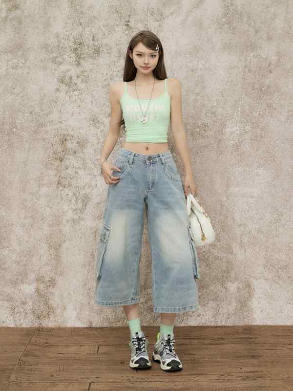 デニムパンツ レディース 夏用 レトロ アメリカン 7分丈 ストレート スリム ゆったり マルチポケット ワークスタイル 合わせやすい カジュアル デニム素材 通勤 普段使い