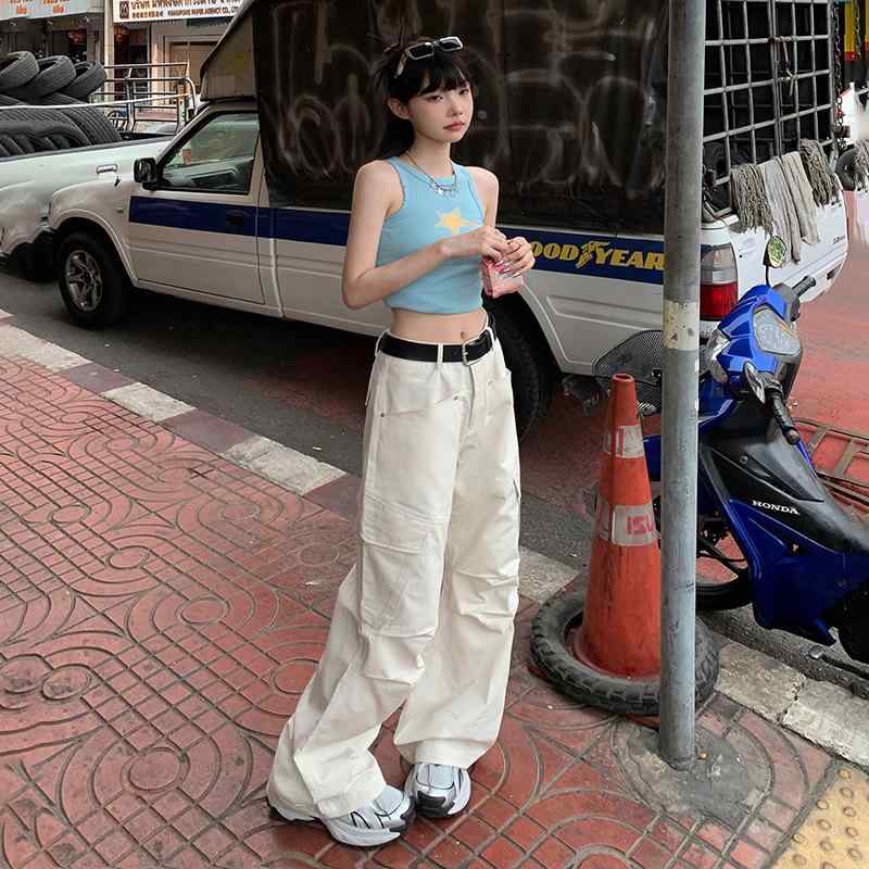レディース アメリカン レトロ ゆったり ワイドレッグパンツ カーゴパンツ ベージュ ポケット ストレート ロング丈 カジュアル 日常使い フィット ユニーク ボトムス