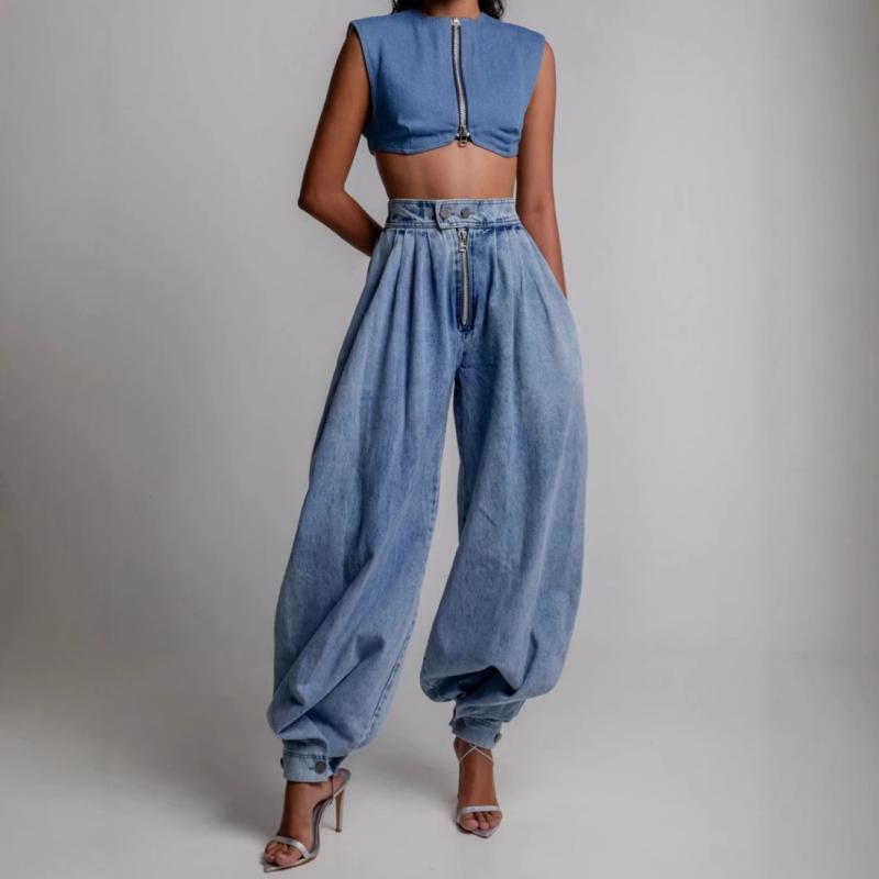 レディース ハイウエスト フィット デニムパンツ ブルー ロング丈 ジッパー付き カジュアル ストレッチ素材 日常使い 快適 デニム生地