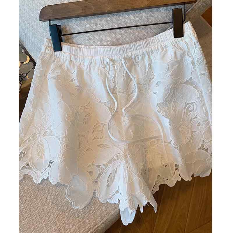 ショートパンツ レディース 夏 白 ハイウエスト ワイドレッグ 透け刺繍 紐付き スリム効果 上品 カジュアル 軽量 吸湿速乾 コットン混 ビッグシルエット 普段使い｜ホープ