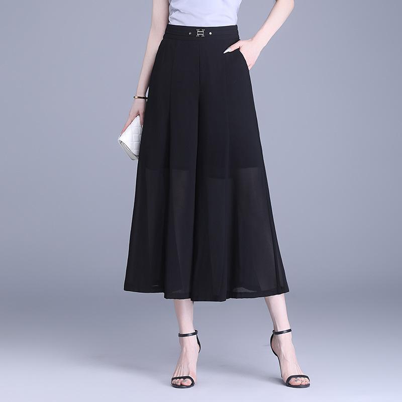 レディース ワイドパンツ 夏用 シフォン素材 ハイウエスト 七分丈 薄手 軽量 カジュアル 普段使い スリム効果 ベーシック スタイル