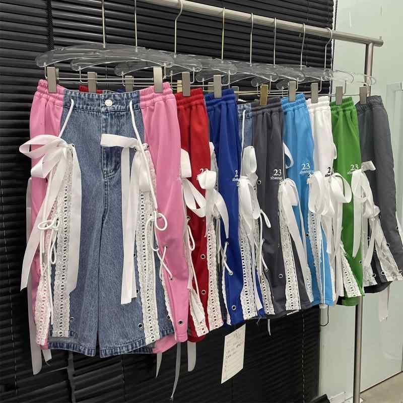 レディース デニムパンツ 夏用 レース 紐付き 切り替え コントラストカラー 7分丈 個性的 カジュアル 普段使い ストレッチ素材 軽量 快適フィット