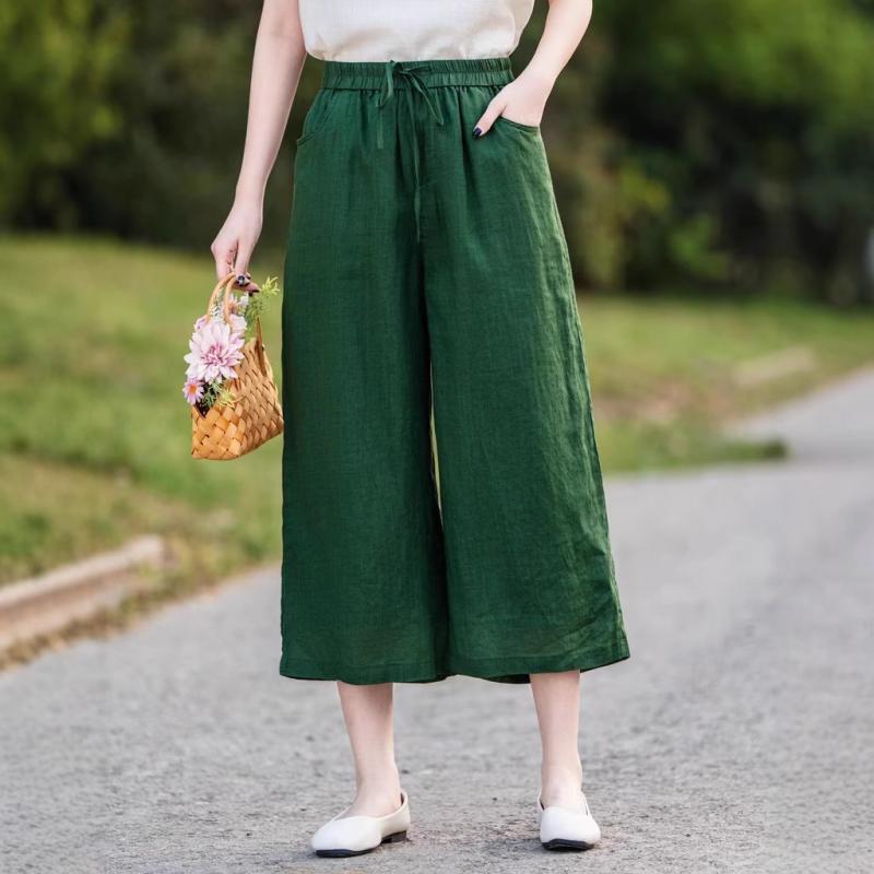 レディース リネン ワイドパンツ ゆったり ストレート 七分丈 カジュアル 夏用 通気性 軽量 吸湿速乾 洗練 百搭 普段使い 軽快 シルエット