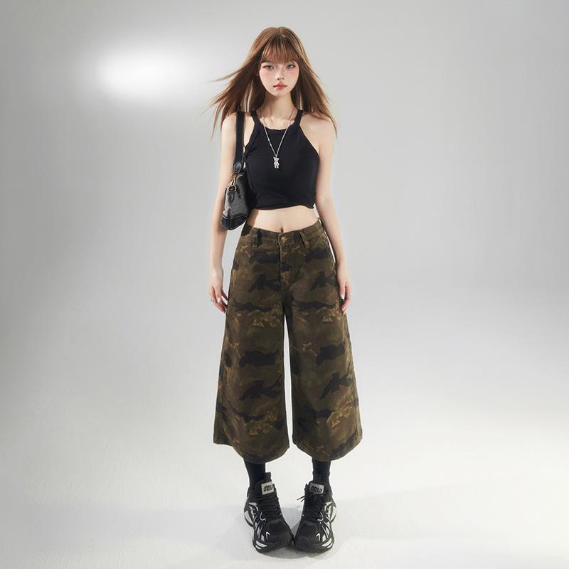 レディース デニムパンツ 夏用 七分丈 ストレート ワイドレッグ ハイウエスト フィット 落ち感 細見え 迷彩 カジュアル コットン混 吸湿速乾 通勤 普段使い