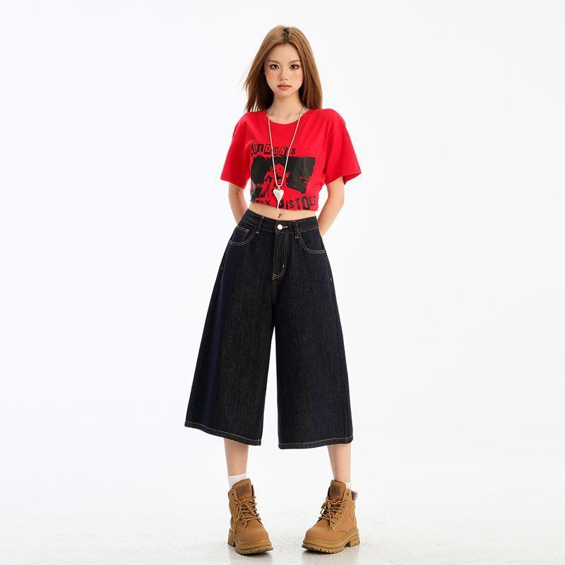 デニムパンツ レディース 春夏 デニムブルー 七分丈 小柄向け ストレート ワイドレッグ フィット アメリカンスタイル ストリート カジュアル ゆったり 快適 普段使い 通勤