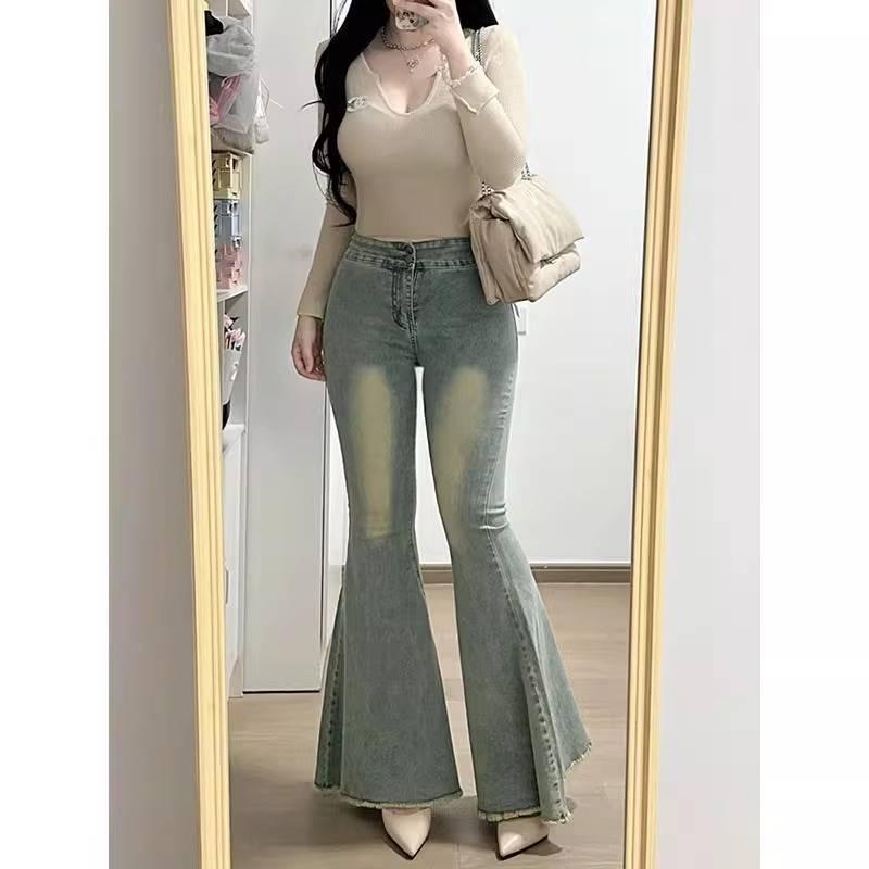 レディース デニムパンツ 大きいサイズ ハイウエスト 魚尾 フレアパンツ 春夏 スリム効果 伸縮性 デニム素材 カジュアル 普段使い ビッグシルエット