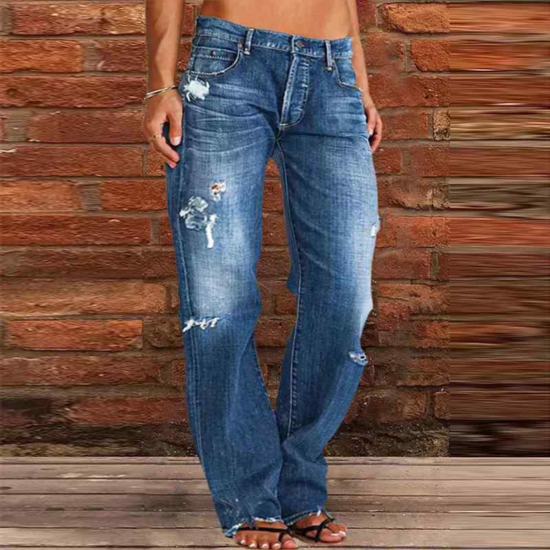 レディース デニムパンツ スリムフィット ダメージ加工 ウォッシュ加工 フレアシルエット ロング丈 痩せ見え スタイリッシュ ボトムス カジュアル 普段使い ストレッチ素材 ハイウエスト ブルー系