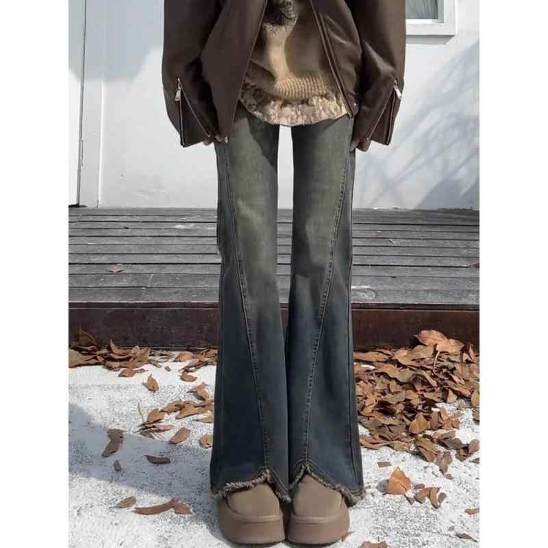 レディース デニムパンツ ハイウエスト 微フレア ベルボトム 春夏 プラスサイズ ストレッチ 細見え フリンジ レトロ デニム 伸縮性 カジュアル 普段使い