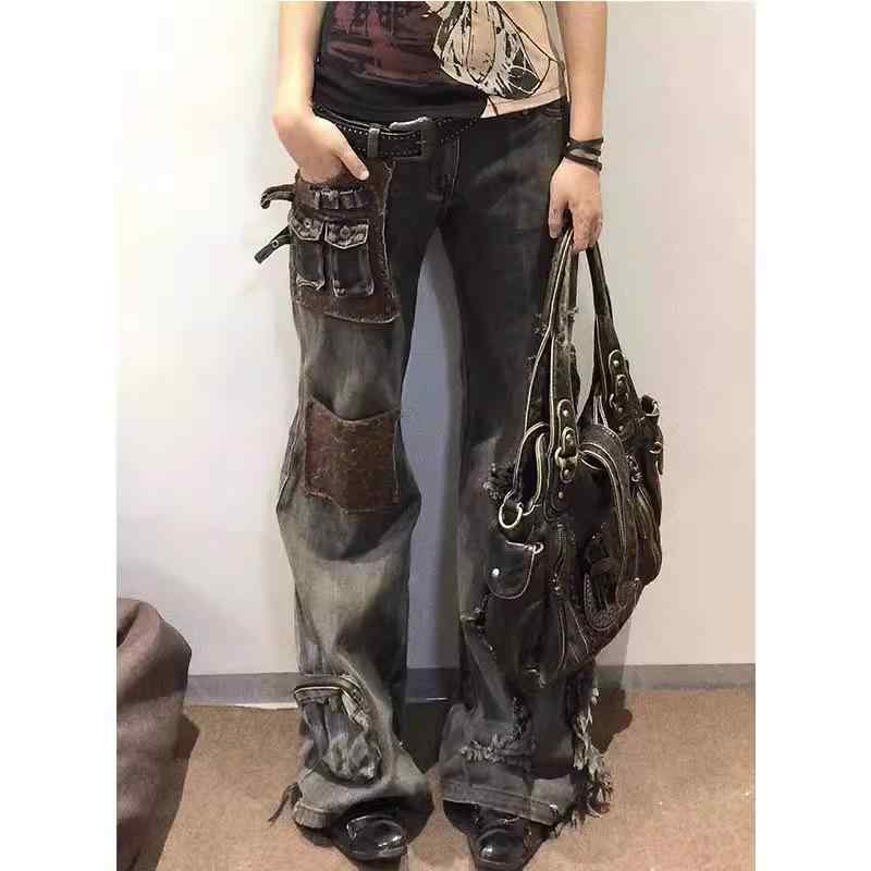 レディース デニムパンツ レトロ アメリカン Y2K 春夏 切り替え デザイン カーゴパンツ 微フレア ビッグシルエット カジュアル 普段使い ストレッチ 素材