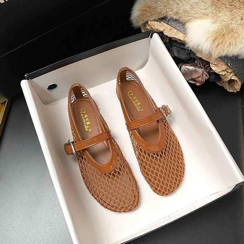 レディース 夏用 フラットサンダル ホロー フィッシュネット メアリージェーン バレエシューズ 網目 通気性 軽量 カジュアル 普段使い 伸縮性 クール ビーチ フェス ピンク系 ブラック