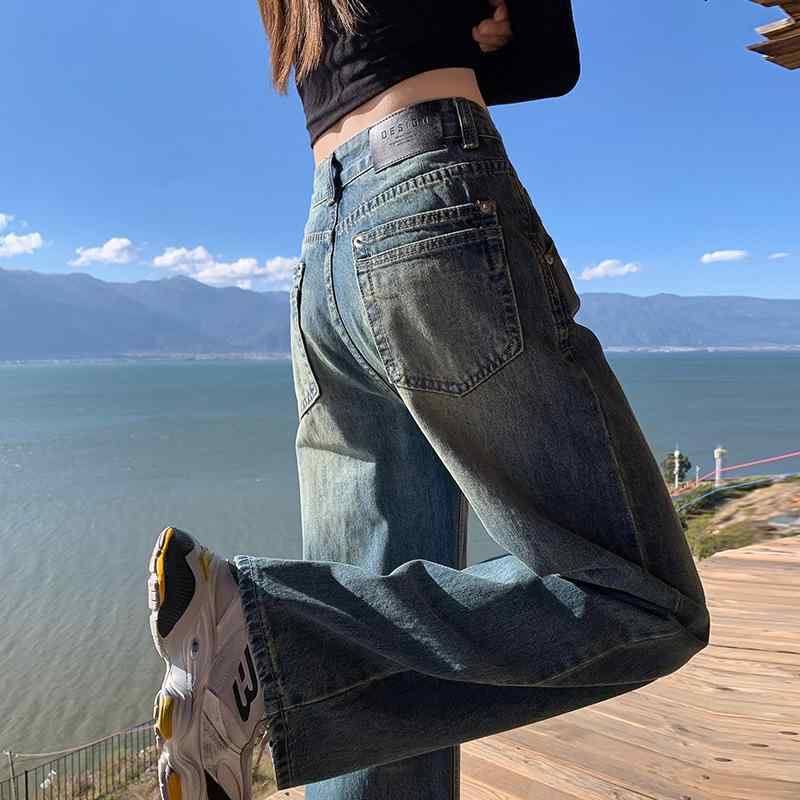 デニムパンツ レディース ヴィンテージ加工 ブルー 春 ワイドレッグ ゆったりシルエット アメリカンスタイル ストリートファッション カジュアル 普段使い 綿素材 伸縮性