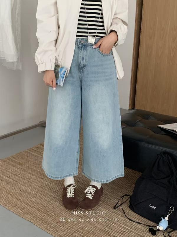 レディース デニムパンツ 韓国 シンプル ゆったり ワイドレッグ 七分丈 秋用 小柄向け カジュアル 普段使い 合わせやすい デニム素材