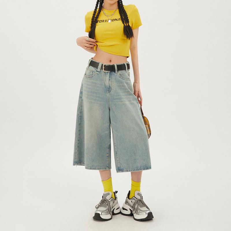 レディース ワイドレッグ デニムパンツ ハイウエスト ルーズフィット クロップド丈 レトロ スタイルアップ カジュアル 普段使い デニム素材 ストレッチ