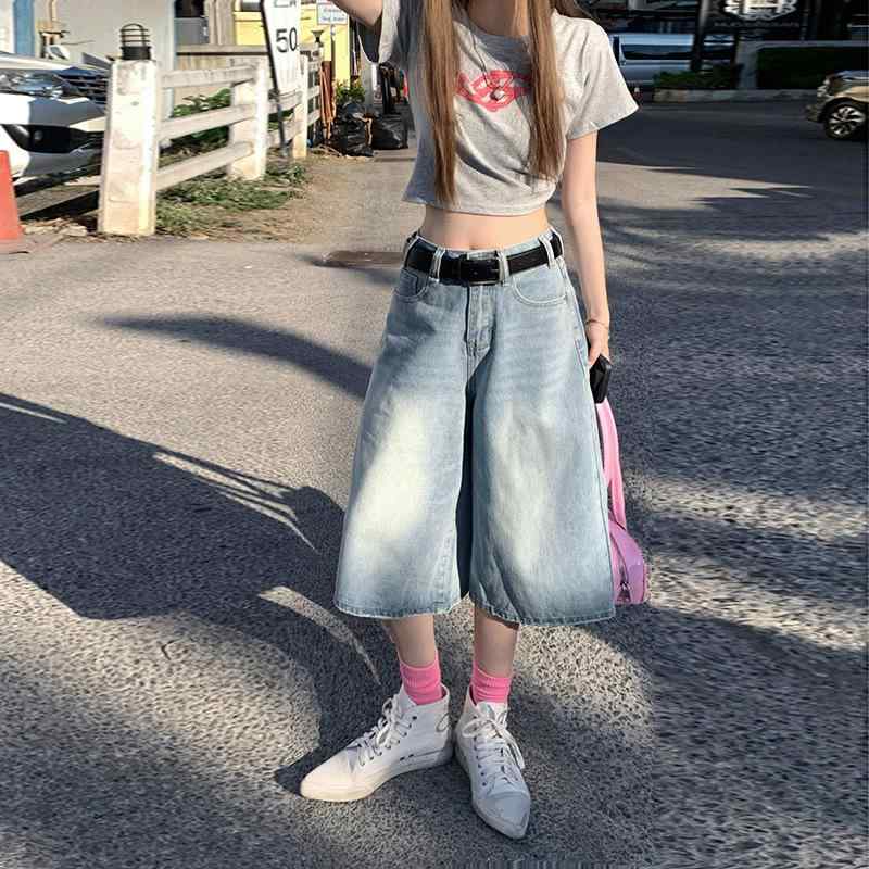 レディース デニムパンツ ハイウエスト ワイドレッグ ルーズ ストレート 7分丈 春夏 アメリカン レトロ スリム見え コーディネート自在 カジュアル 普段使い 伸縮性 軽量