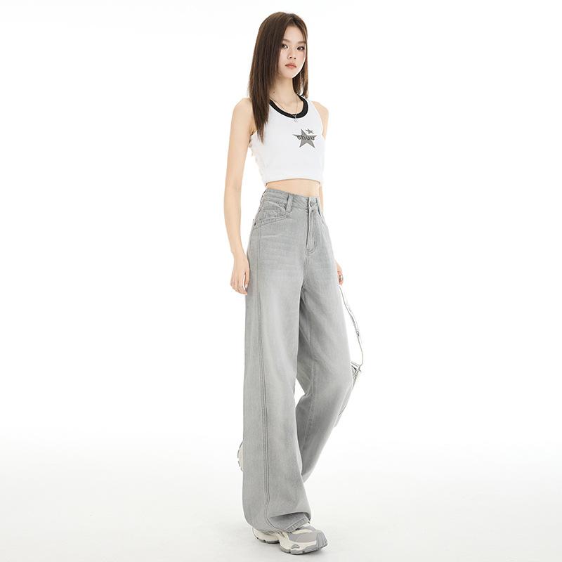 パンツ レディース グレー ワイドレッグ デニム ハイウエスト ゆったり ストレート ロング丈 春 スリム効果 体型カバー カジュアル 普段使い