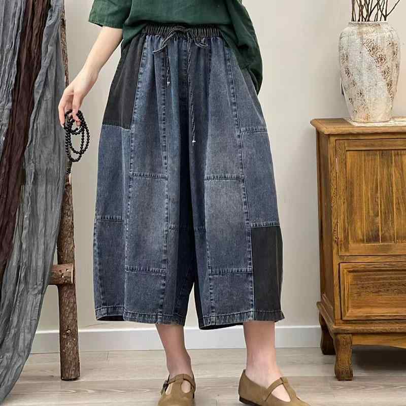 春夏 ゆったり レディース クロップド デニムパンツ 伸縮ウエスト ドローストリング 大きめサイズ ルーズフィット カジュアル 配色 パッチ ビンテージ デニム素材 日常使い 軽量 伸縮性
