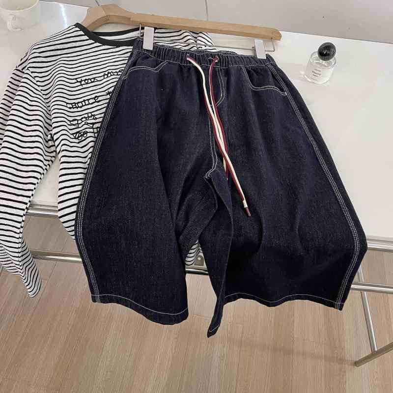 デニムパンツ レディース 夏用 レトロ アメリカンスタイル ワイドレッグ 7分丈 ストレート ウォッシュブルー 色褪せ防止 ステッチ デザイン スタイリッシュ 軽量 通勤 普段使い