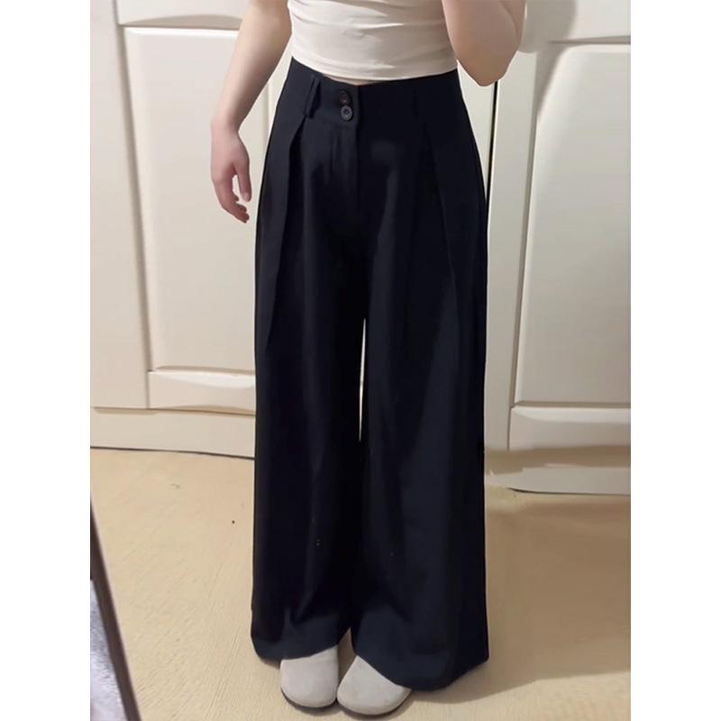 レディース ハイウエスト ストレート ワイドレッグパンツ ダブルブレスト 梨型ボディ対応 スーツパンツ 春秋 ビジネス 通勤用 カジュアル ゆったり プラスサイズ 快適 綿混 ストレッチ