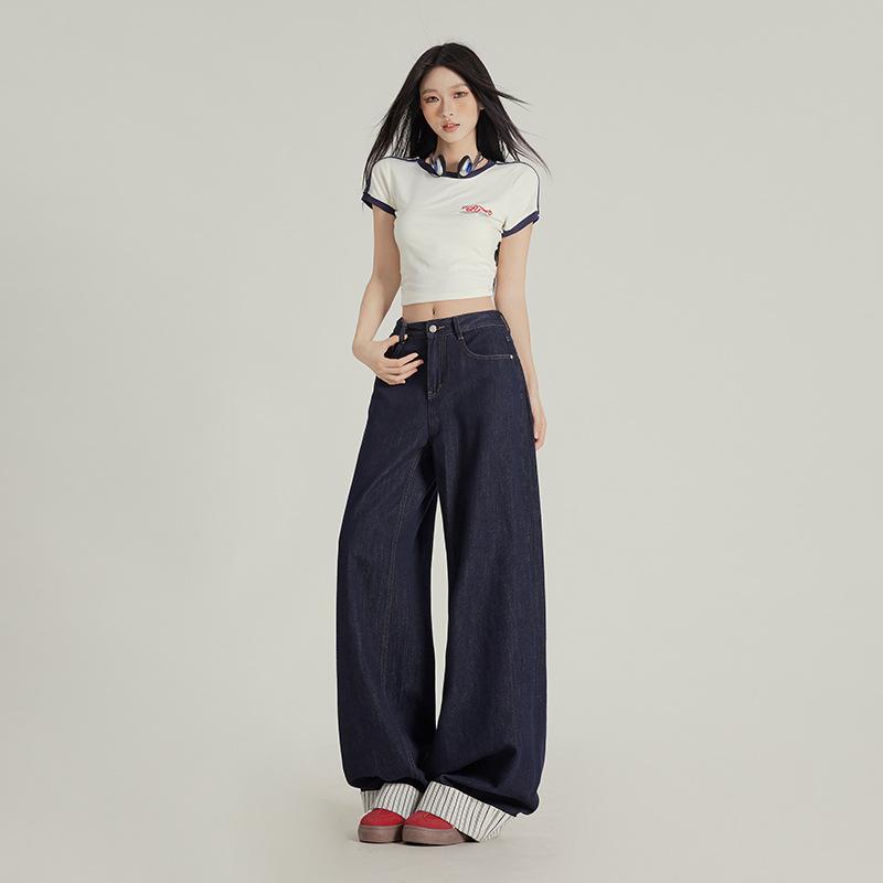 夏 レディース デニム ワイドパンツ ブルー ストライプ 切り替え レトロ ルーズ アメリカン カジュアル 普段使い ボトムス