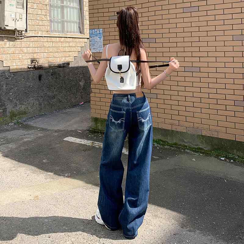 レディース デニムパンツ ハイウエスト ワイドレッグ ルーズ ストレート ブルー 刺繍 デザイン レトロ 春 カジュアル 普段使い ロング丈