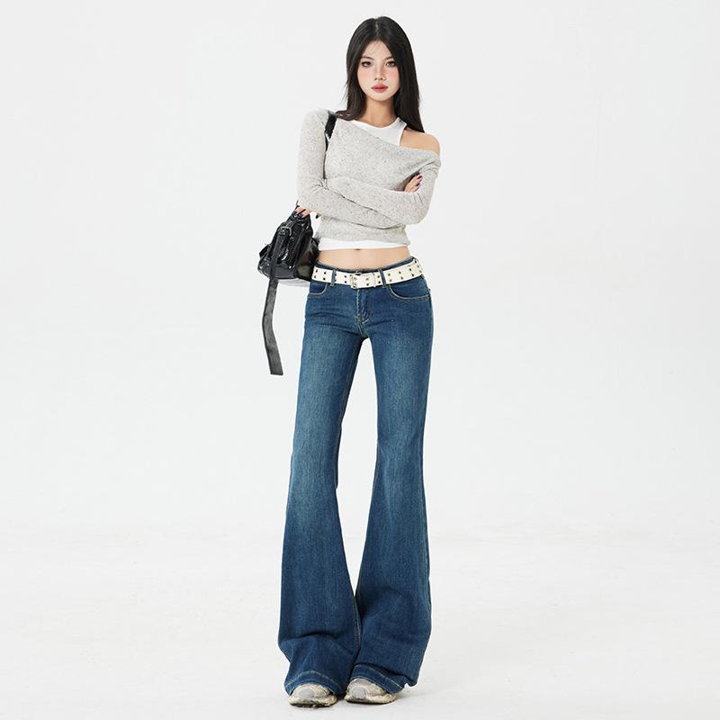 レディース アメリカン レトロ デニムパンツ ローライウエスト ワイドレッグ ストレート ロング丈 ストレッチ ブルー ゆったり カジュアル 普段使い デニム素材 快適 フィット