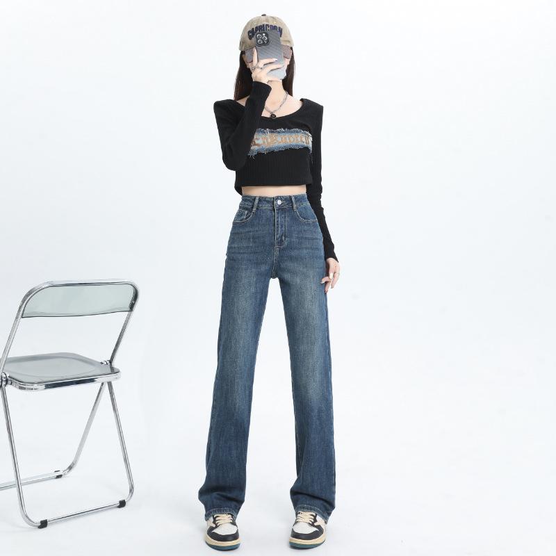 デニムパンツ レディース 秋冬 ワイドレッグ ハイウエスト ストレート ルーズ ブルー レトロ フロア丈 カジュアル スリムシルエット デニム素材