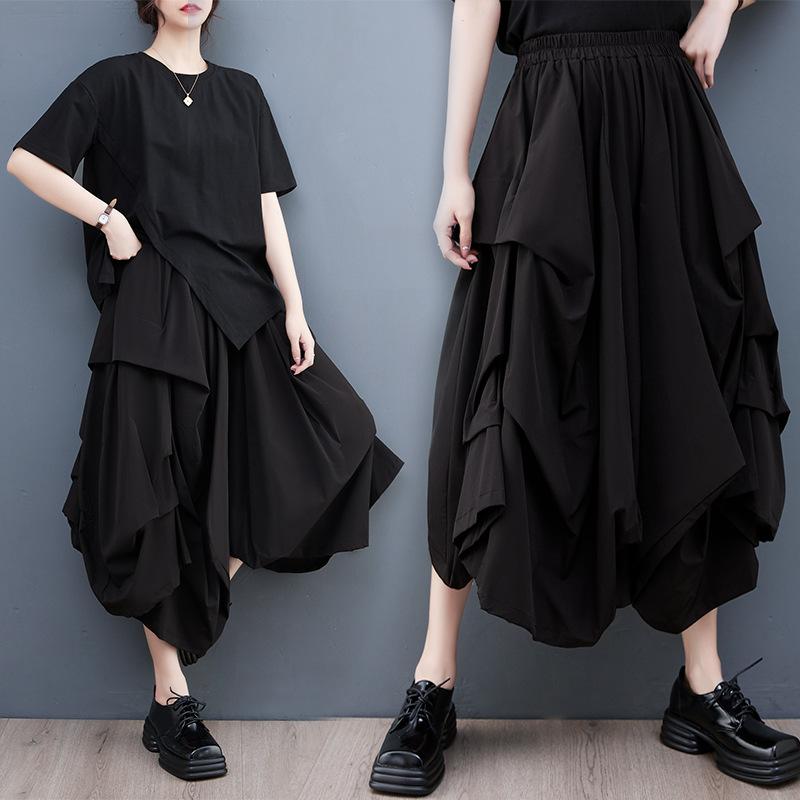 スカートパンツ 女性用 春夏 伸縮腰 プリーツ ワイドレッグ ブラック カジュアル ゆったりシルエット 日常使い