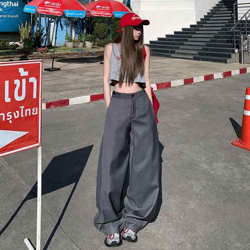 パンツ 女性用 グレー ワイドレッグ ハイウエスト ストレート ルーズ ドレープ感 細見え カジュアル ロング丈 ゆったりシルエット テーラード スタイル 通勤用 普段使い 春秋