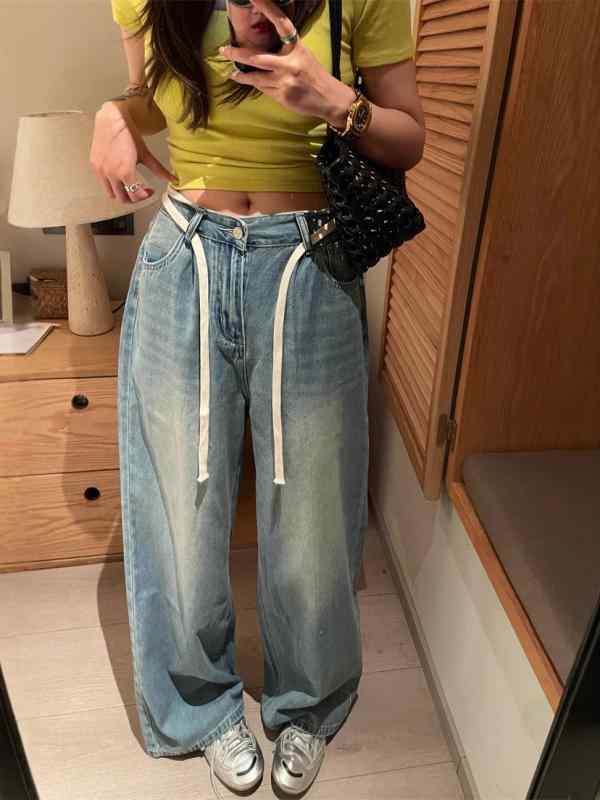 レディース ハイウエスト ワイドレッグ デニムパンツ ルーズシルエット ドローストリング ビンテージスタイル 春夏 ストレートレッグ スリム効果 カジュアル 綿素材 ゆったり履き心地