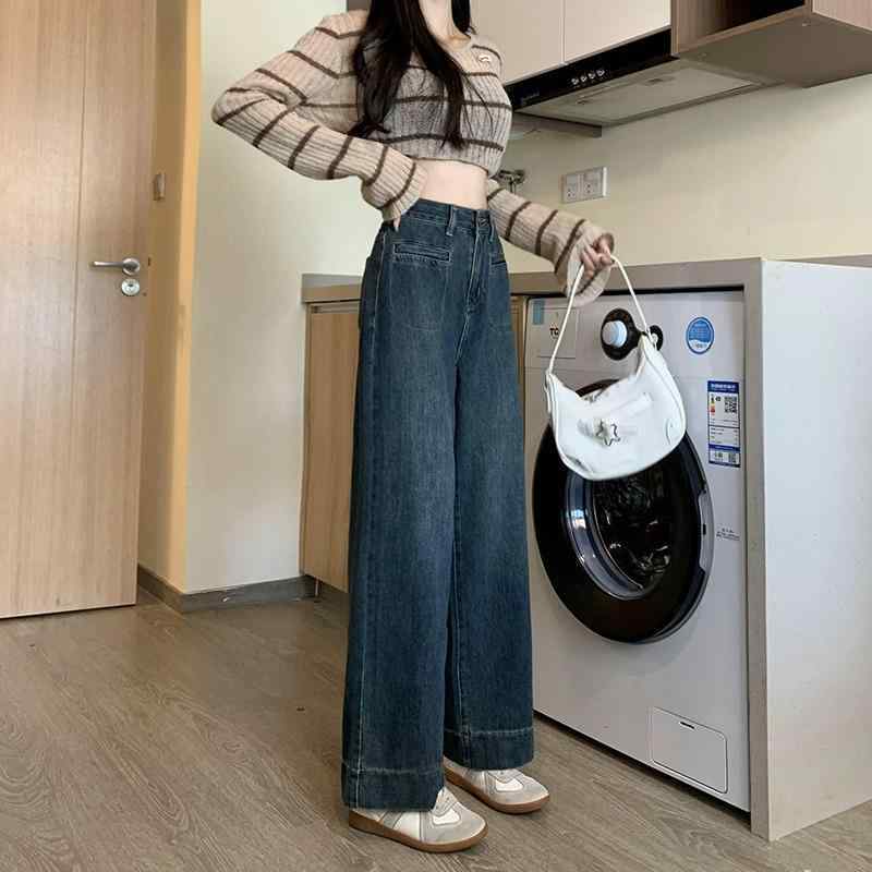 レディース 秋冬 デニムパンツ ハイウエスト ゆったり ストレート ぽっちゃり対応 スリム効果 低身長向け 暖か裏地 レトロ ブルー 普段使い デニム生地