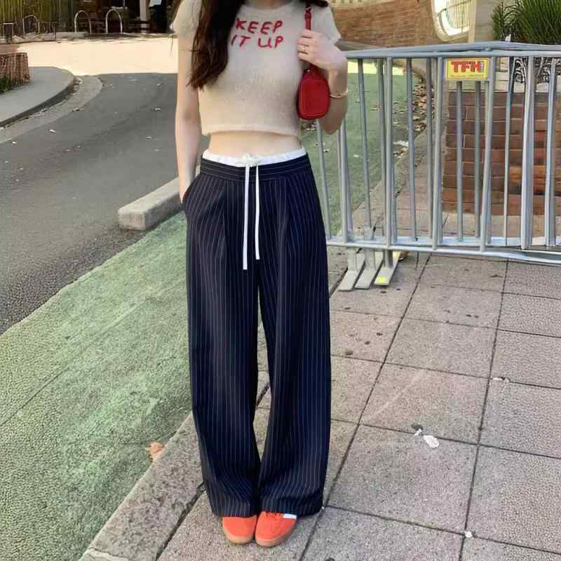 レディース ワイドレッグパンツ ストライプ柄 コントラストカラー 切り替えデザイン ドローコード ウエスト 早春 韓国スタイル カジュアル 普段使い ゆったりシルエット 伸縮性 軽量 4,440円