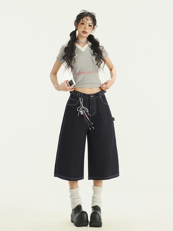 ショートパンツ レディース 夏 ハイウエスト ワイドレッグ デニム ゆったり 落ち感 アメリカン レトロ ハイストリート カジュアル ボトムス オレンジ 膝上丈 通勤 普段使い 軽量 伸縮性