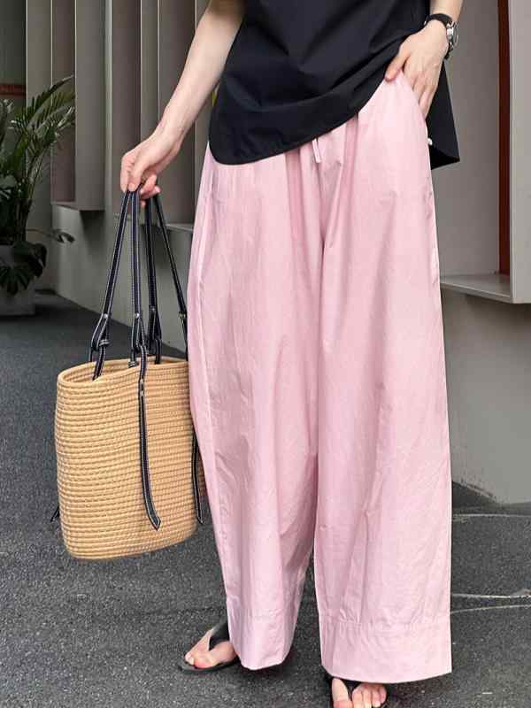 春夏 ゆったり ワイドレッグパンツ レトロ ストレート カジュアル ハイウエスト ドローストリング 伸縮性 ロングパンツ ルーズフィット 快適 普段使い