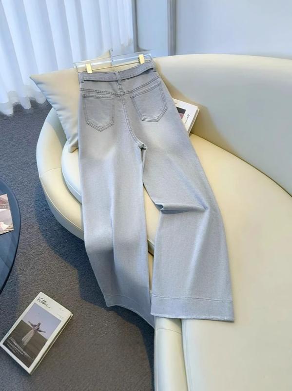デニムパンツ レディース ハイウエスト ワイドレッグ ライトグレー 9分丈 ストレート 小柄向け 春夏 伸縮性 吸湿速乾 普段使い