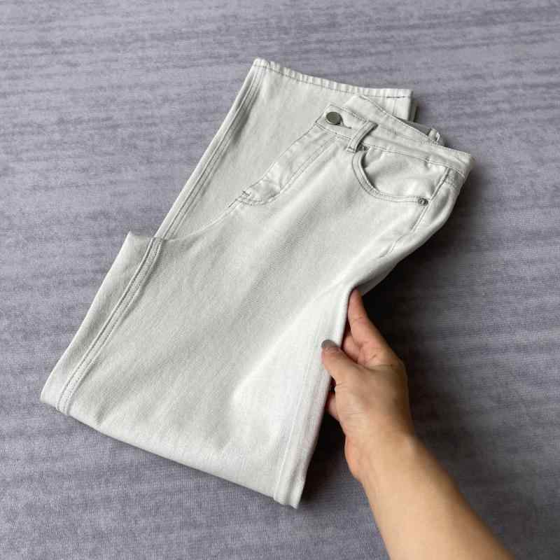 レディース デニムパンツ ハイウエスト ワンボタン 軽量 快適 ルーズ ストレート コットン 伸縮性 グレー ライトグレー 普段使い 伸縮素材 ゆったりシルエット 女性用 ボトムス ジーンズ ストレッチ コットン素材 快適フィット