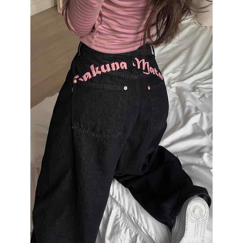 デニムパンツ レディース ブラック 春 ハイウエスト スリム ロング丈 背面刺繍 アルファベットプリント デニム素材 カジュアル 普段使い 伸縮性