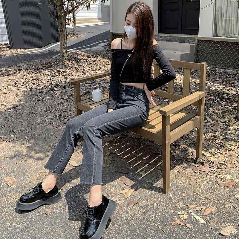 秋冬 レディース デニムパンツ ハイウエスト スリム ストレート クロップド グレー ブラック 小柄対応 コットン ストレッチ 普段使い