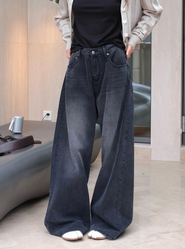 レディース デニムパンツ 秋 レトロ ウォッシュ加工 ブラックグレー ワイドレッグ ルーズ フィット カジュアル ロングパンツ 普段使い ストレッチ コットン混 膝下丈 韓国 デイリーウェア
