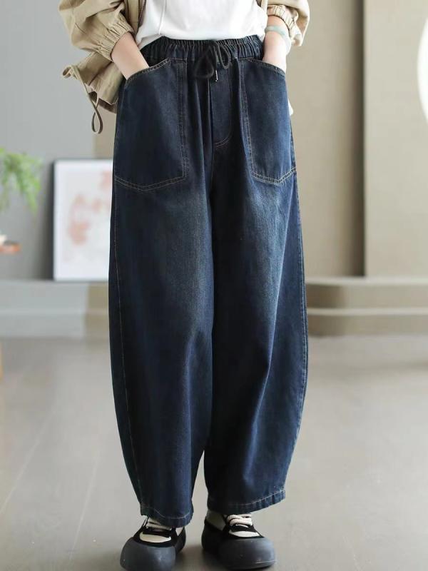 デニムパンツ レディース 秋 ゆったり ドローストリング ストレートレッグ カジュアル 無地 ハーレム スタイル レトロ ウォッシュ 日常使い リラックスフィット コットン混 ストレッチ