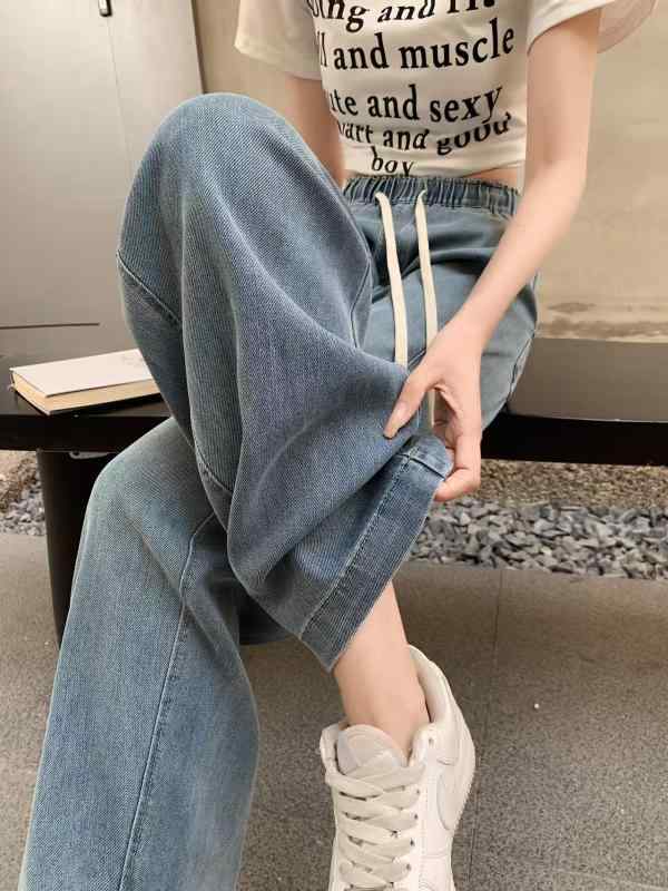 レディース 夏用 薄手 混 ウォッシュド デニムパンツ ハイウエスト ワイドレッグ ロングパンツ ドレープ感 股隠し ルーズフィット フロア丈 カジュアル 普段使い 軽やか 再生繊維