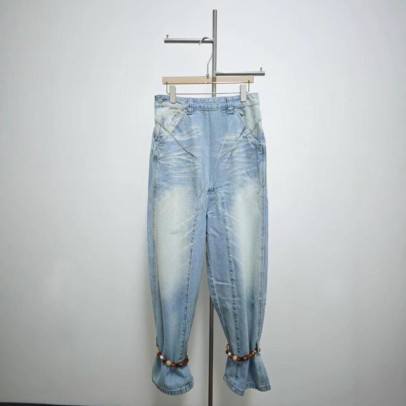 デニムパンツ レディース ゆったり 低股下 ビーズ紐付き ロング インディゴブルー ルーズフィット ドロップクロッチ ドローストリング ストレッチ素材 カジュアル 普段使い デニム生地 ブルー系