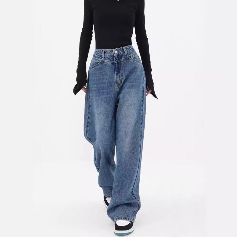 デニムパンツ 女性用 ハイウエスト ストレート ワイドレッグ ルーズ 秋用 カジュアル デザイン性 ニッチ 普段使い 伸縮性 コットン混 ロング丈