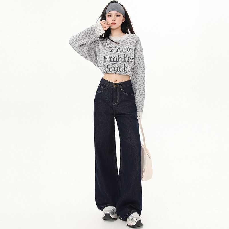 レディース デニムパンツ 秋 レトロ ダークブルー ワイドレッグ 高腰 ルーズ ゆったり ドレープ スリム ゆったりシルエット カジュアル 綿素材 ストレッチ 普段使い