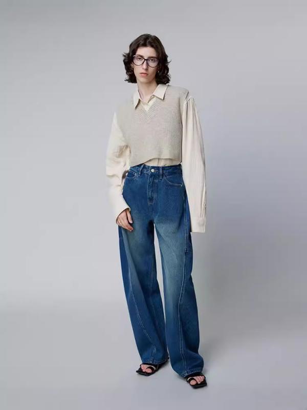 レディース デニムパンツ ハイウエスト ワイドレッグ ストレート ロング丈 レトロカット ノンストレッチ カジュアル 普段使い コットン混 ビッグシルエット