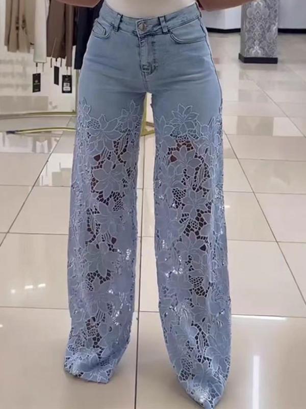 レディース ワイドレッグパンツ ロングデニムパンツ レース 切り替え 夏用 カジュアル ボトムス ストレッチ 軽量 吸湿速乾 デニム素材 ハイウエスト