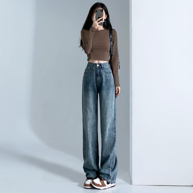 デニムパンツ 女性用 ホワイト ワイドレッグ ハイウエスト ゆったり ストレート カジュアル 普段使い 春秋 スタイルアップ 軽量