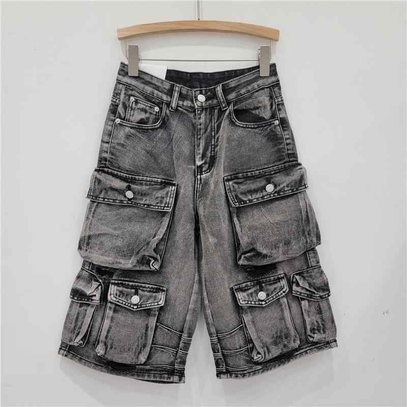 デニムパンツ メンズ マルチポケット カーゴ ルーズフィット ビンテージ ウォッシュ加工 ユーズド 七分丈 カジュアル 普段使い ストリートスタイル