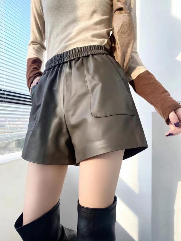 レディース ラムレザー 本革 ハイウエスト ワイドレッグ ショートパンツ 秋用 カジュアル 普段使い スリム効果 高級感 軽量 伸縮性