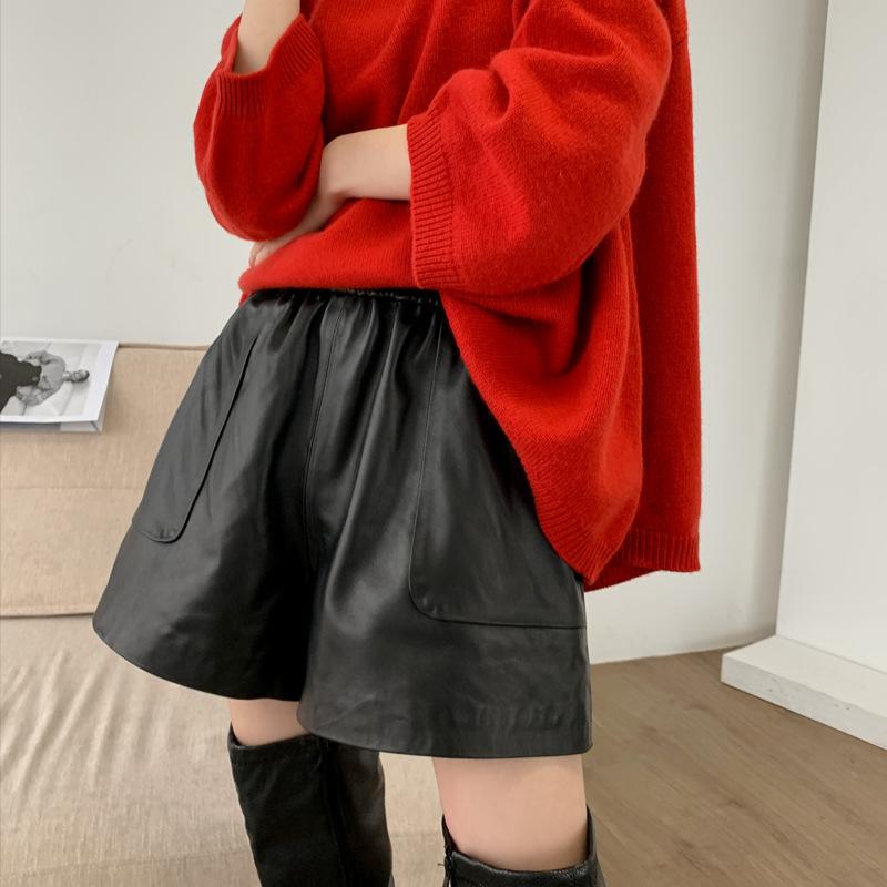 レディース 羊革 本革 ハイウエスト 伸縮腰 スリム効果 ワイドレッグ パンツ 春秋 普段使い 軽量 柔軟素材